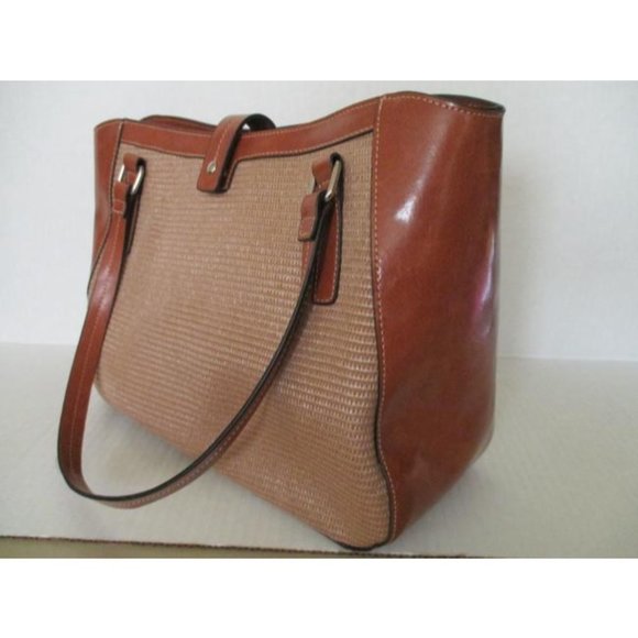 *Emilie M Woven Straw Brown Faux Leather Tote